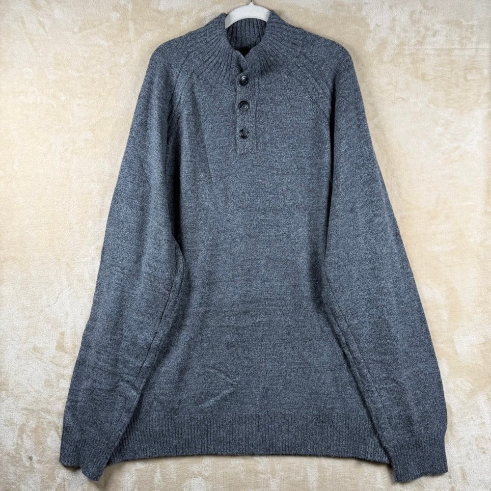 American Tall Mens 2XLT Gray Wool Blend Mock Neck Henley Sweater Business Casual